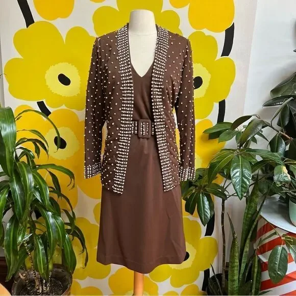 Vintage Handmade One of a Kind Beaded Rhinestone 3 Piece Belted Dress Jacket Set